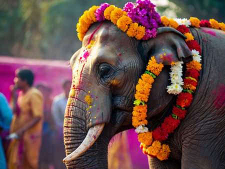 An elephant with flowers and garlands at the Pashupatinath temple in Kolkata.の素材