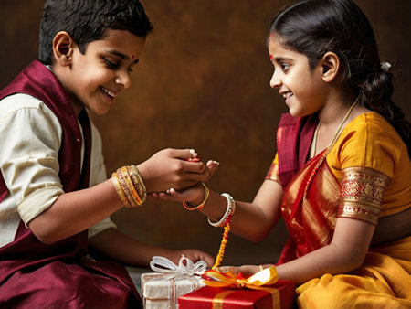 Indian little boy giving a gift to his sister during Raksha Bandhanの素材