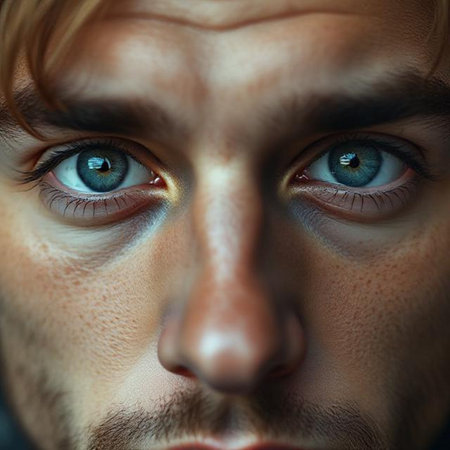 Close-up portrait of a young man with blue eyes. Studio shot.の素材