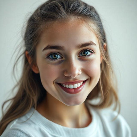 Portrait of a beautiful young girl with blue eyes, smiling.の素材