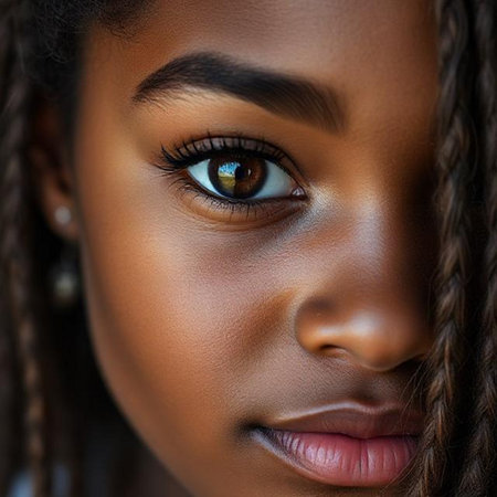 Close up portrait of beautiful African American woman with blue eyesの素材