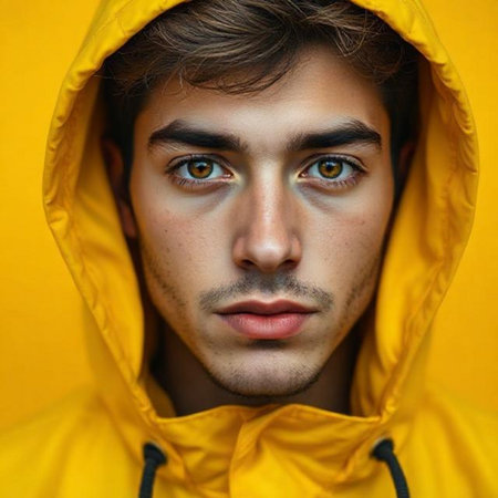 Close up portrait of a young man in a yellow raincoat.の素材