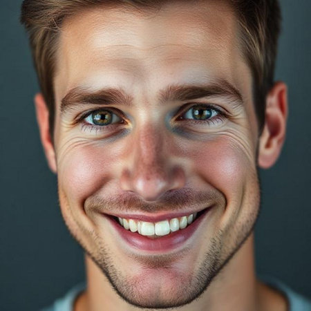 Close-up portrait of a smiling young man with blue eyes.の素材