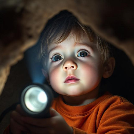 Portrait of a little boy looking through a flashlight in a caveの素材