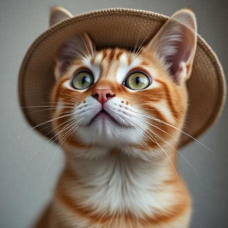 Cute ginger cat wearing a hat and looking at the camera.の素材