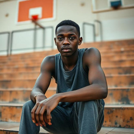 Portrait of young African American man in sportswear sitting on steps outdoors.の素材