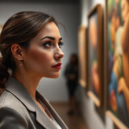 Portrait of a beautiful young woman in a gallery with paintings.の素材