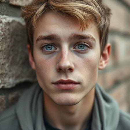 Portrait of a handsome young man with blond hair and blue eyesの素材