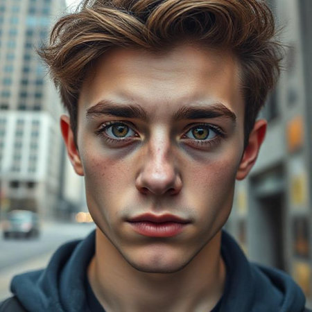 Close-up portrait of a handsome young man in the city.の素材