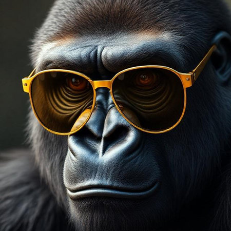 Portrait of a gorilla in sunglasses. Isolated on black background.の素材