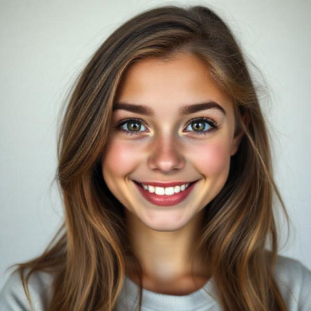 Close up portrait of a smiling young woman, isolated on gray backgroundの素材