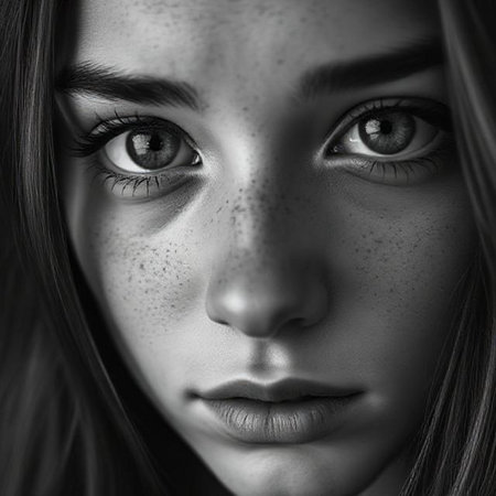 Close-up portrait of a beautiful girl with freckles.の素材