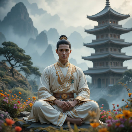 Korean man in traditional costume sitting on a rock in the middle of a flower gardenの素材