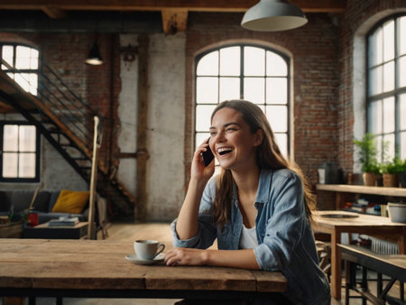 Portrait of a smiling young woman talking on mobile phone while sitting in cafeの素材