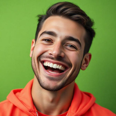 Close up portrait of a happy young man laughing against a green backgroundの素材