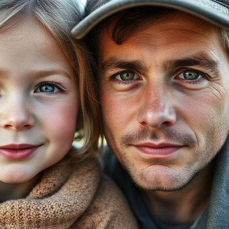 Close-up portrait of a father and daughter in the park.の素材