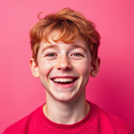 Portrait of a happy young boy with red hair on a pink backgroundの素材