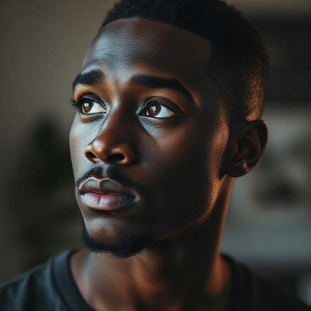 Close up portrait of a young African American man looking awayの素材