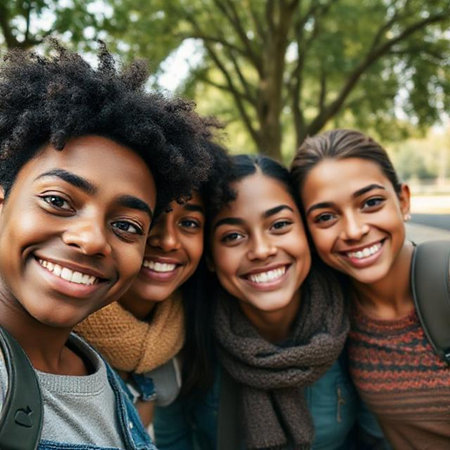 Portrait of a group of African American friends smiling at the cameraの素材