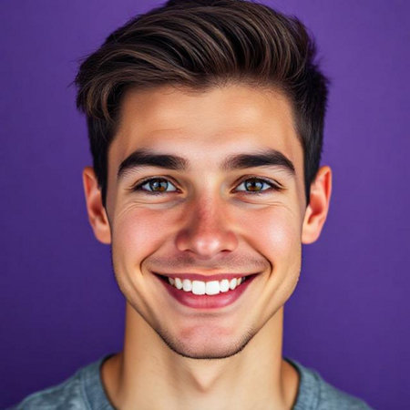Close up portrait of a happy young man smiling against purple background.の素材