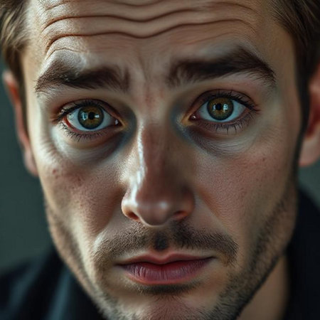 Close-up portrait of a young man with blue eyes and a scared lookの素材