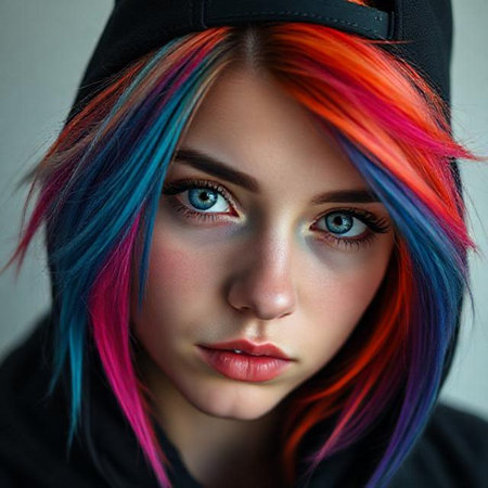 Close-up portrait of a beautiful young girl with colorful hair.の素材