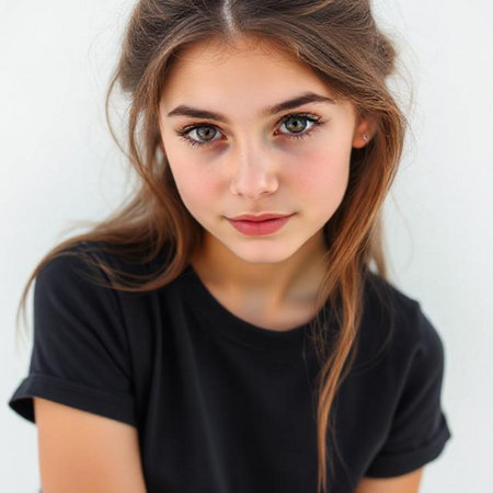 Portrait of a beautiful young woman with green eyes and brown hairの素材