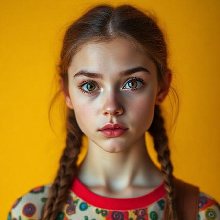Portrait of a beautiful girl with pigtails on a yellow background.の素材