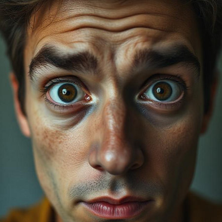 Close up portrait of scared man looking at camera with big eyes.の素材