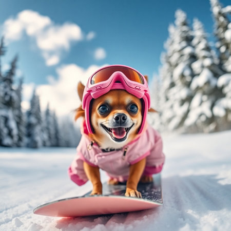 Portrait of a cute little chihuahua dog dressed in a ski suit and a pink helmet on the background of a winter forest.の素材