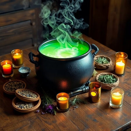 Spa still life with pot of green potion and candles on wooden backgroundの素材