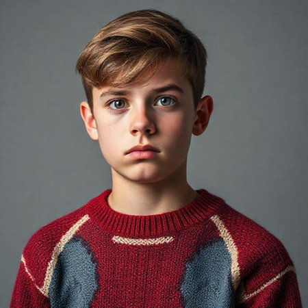 Portrait of a young boy in a red sweater on a gray backgroundの素材