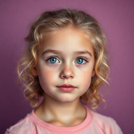 Portrait of a little girl with blond curly hair and blue eyesの素材