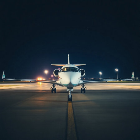 Commercial airplane on the runway at night. Travel and transport concept.の素材