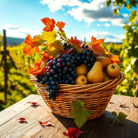 Wicker basket with grapes, plums and apricots on table in vineyardの素材