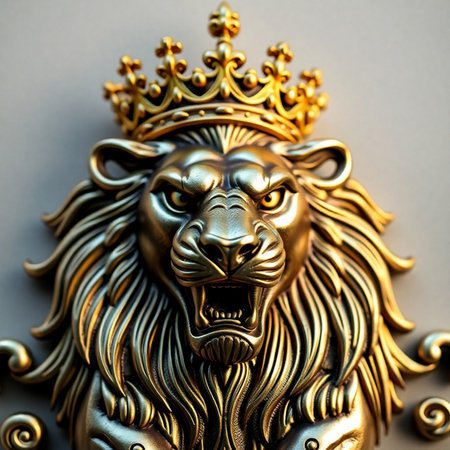 Bronze lion head with golden crown on gray background, closeupの素材