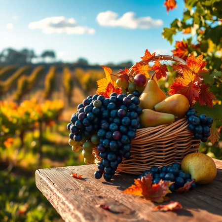 Wicker basket with grapes, pears and autumn leaves in vineyard.の素材