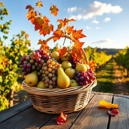 Basket with grapes and pears on wooden table in vineyardの素材