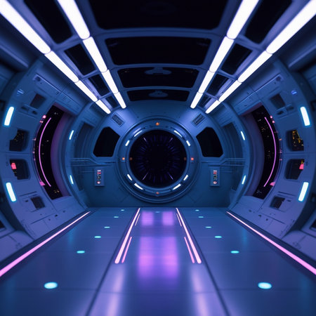 Futuristic spaceship interior with glowing neon lights. 3D renderingの素材