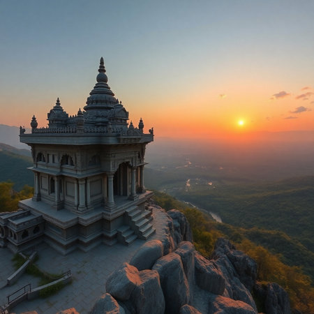 Hindu temple on the top of the mountain at sunrise in Indiaの素材