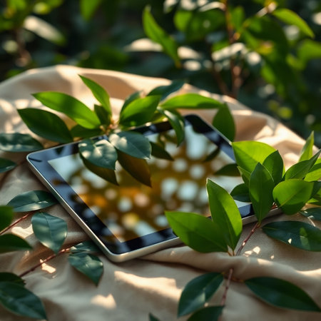 Smartphone with blank screen and green leaves on table in garden.の素材