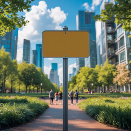 Blank signpost in the city park with modern buildings in the backgroundの素材