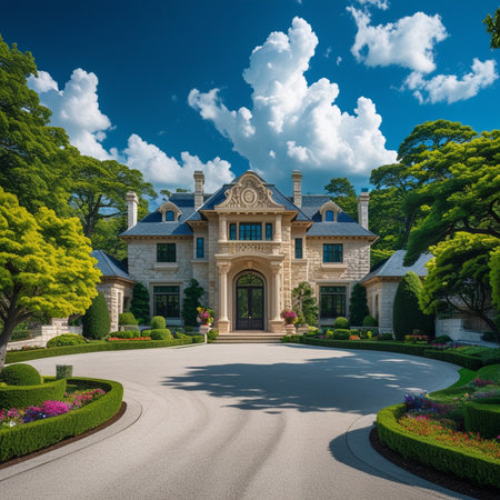 Beautiful mansion in the garden with blue sky and white clouds.の素材