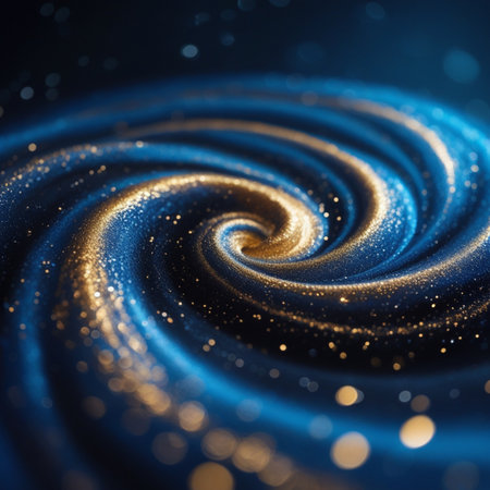 Abstract blue background with golden glittering particles. 3d render illustrationの素材