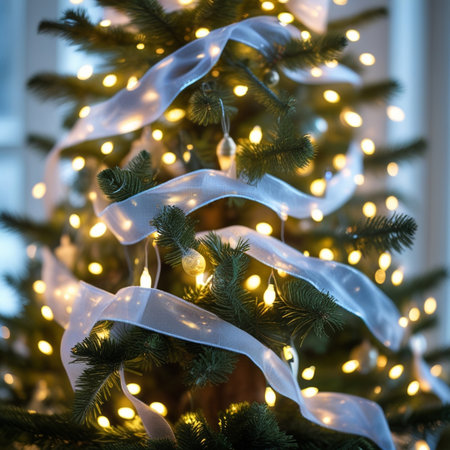 Decorated Christmas tree with garlands and lights, close upの素材