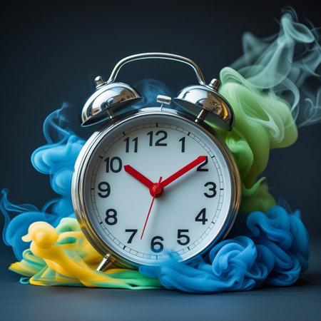Alarm clock with colorful smoke on black background. Time concept.の素材