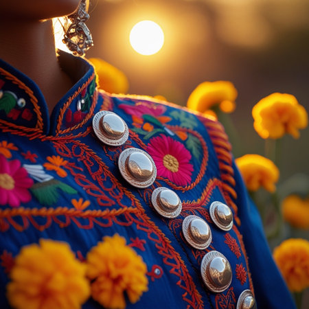 Close up of a woman wearing Indian folk costume with flowers.の素材