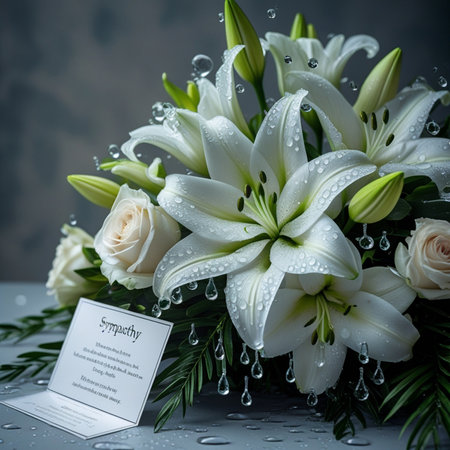 wedding bouquet of white lilies and roses on a gray backgroundの素材