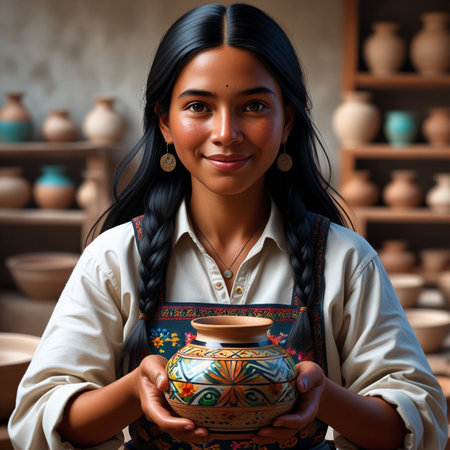 Portrait of a beautiful young woman with pottery in her handsの素材