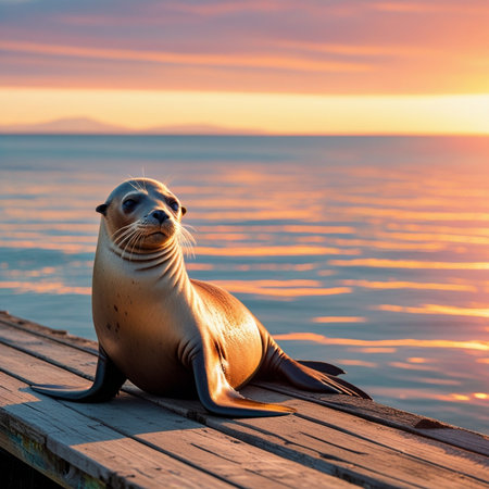 Sea lion sitting on a wooden pier at sunset. California, USA.の素材